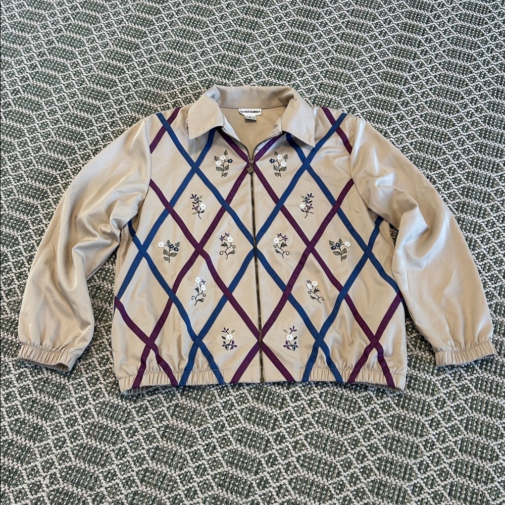 VTG 90s Alfred Dunner Beige Floral Embroidered Zipper Front Lightweight‎ Jacket
